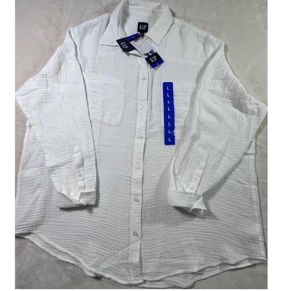 Gap Womens White Crinkle Gauze Long Sleeve Button Down Shirt Large NWT